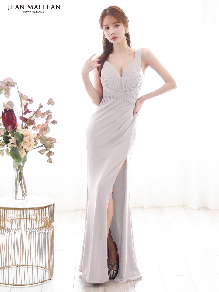 JEAN MACLEAN ジャンマクレーン ワンカラー/ラメニット/ウエストクロス/スリット入り/タイト/ロングドレス ja51861-c