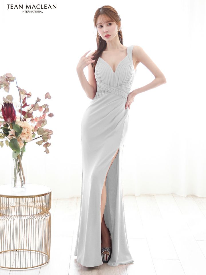 JEAN MACLEAN ジャンマクレーン ワンカラー/ラメニット/ウエストクロス/スリット入り/タイト/ロングドレス ja51861-c