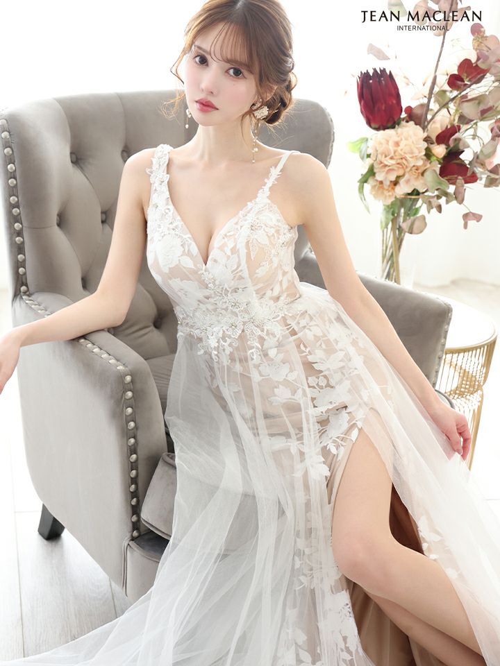 JEAN MACLEAN ジャンマクレーン フラワー総レース/ヌードベース/スリット入り/チュール/姫/ロングドレス ja51863-c