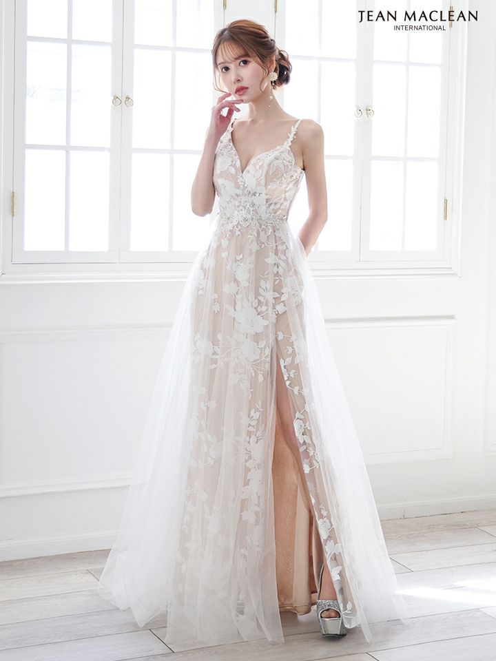 JEAN MACLEAN ジャンマクレーン フラワー総レース/ヌードベース/スリット入り/チュール/姫/ロングドレス ja51863-c