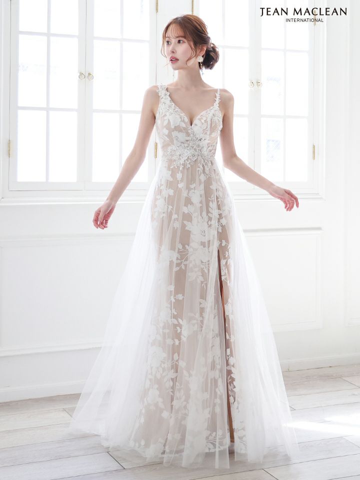 JEAN MACLEAN ジャンマクレーン フラワー総レース/ヌードベース/スリット入り/チュール/姫/ロングドレス ja51863-c