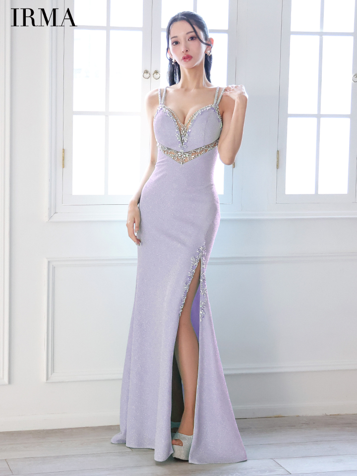 IRMA イルマ ウエストカットアウトシアー/ニット/刺繍/スリット入り/タイト ロングドレス ir51856-c