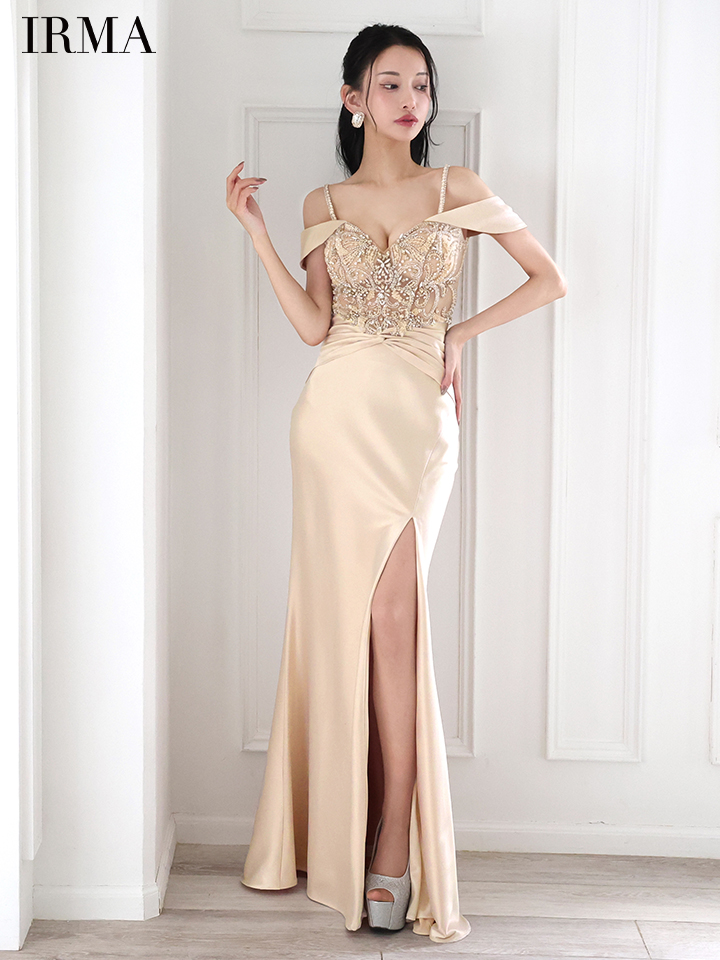  IRMA イルマ オフショル/ビジュー/ヌードベース/サテン/刺繍/スリット入り/タイト ロングドレス ir51859-c