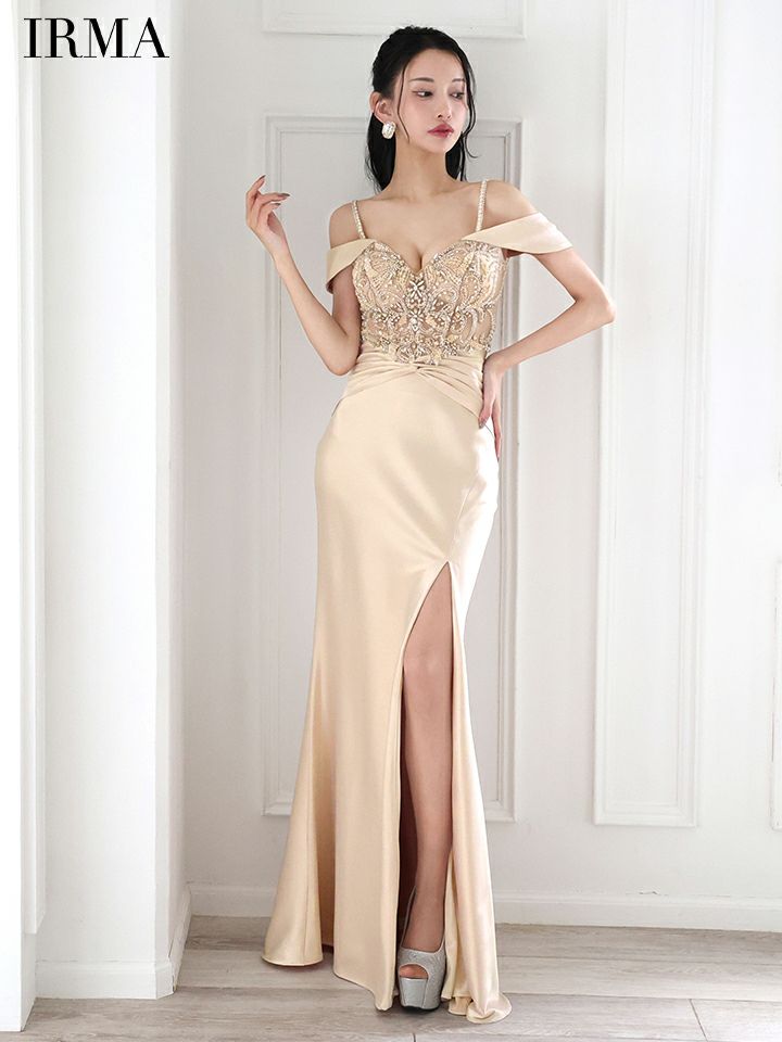 IRMA イルマ オフショル/ビジュー/ヌードベース/サテン/刺繍/スリット入り/タイト ロングドレス ir51859-c