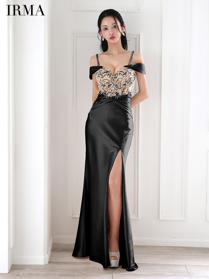  IRMA イルマ オフショル/ビジュー/ヌードベース/サテン/刺繍/スリット入り/タイト ロングドレス ir51859-c
