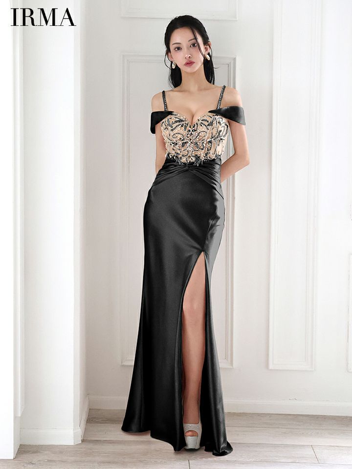  IRMA イルマ オフショル/ビジュー/ヌードベース/サテン/刺繍/スリット入り/タイト ロングドレス ir51859-c