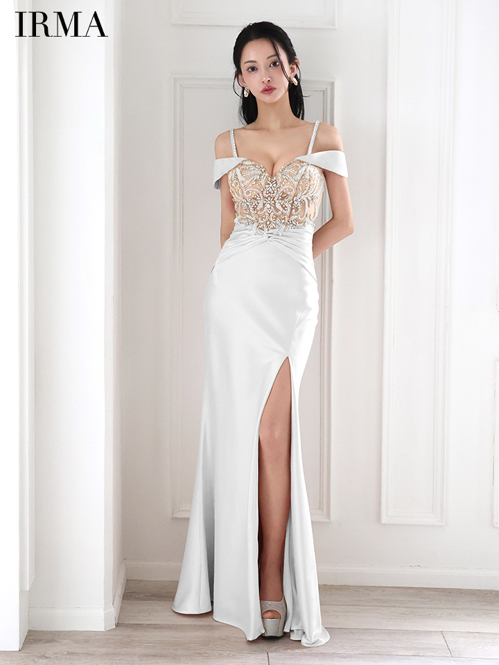  IRMA イルマ オフショル/ビジュー/ヌードベース/サテン/刺繍/スリット入り/タイト ロングドレス ir51859-c
