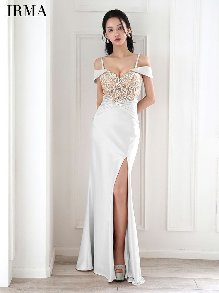  IRMA イルマ オフショル/ビジュー/ヌードベース/サテン/刺繍/スリット入り/タイト ロングドレス ir51859-c