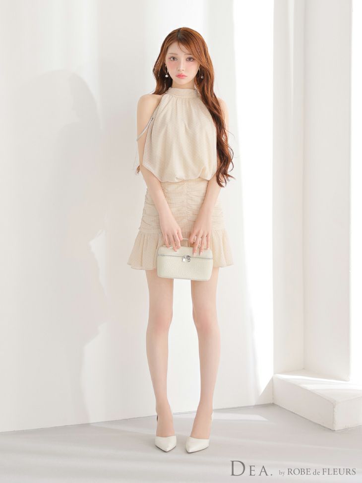 DEA. ディア バイ ローブドフルール ドットシフォンホルターネックフレアミニキャバドレス de3392-c