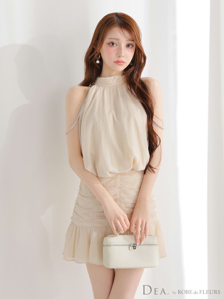 DEA. ディア バイ ローブドフルール ドットシフォンホルターネックフレアミニキャバドレス de3392-c