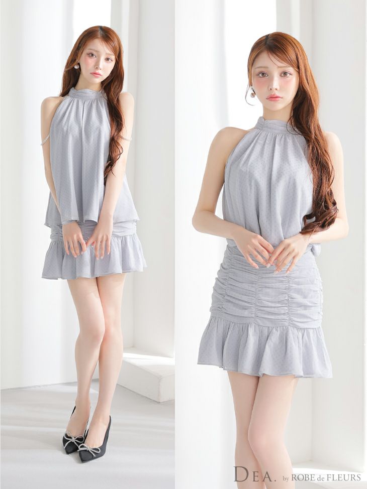 DEA. ディア バイ ローブドフルール ドットシフォンホルターネックフレアミニキャバドレス de3392-c