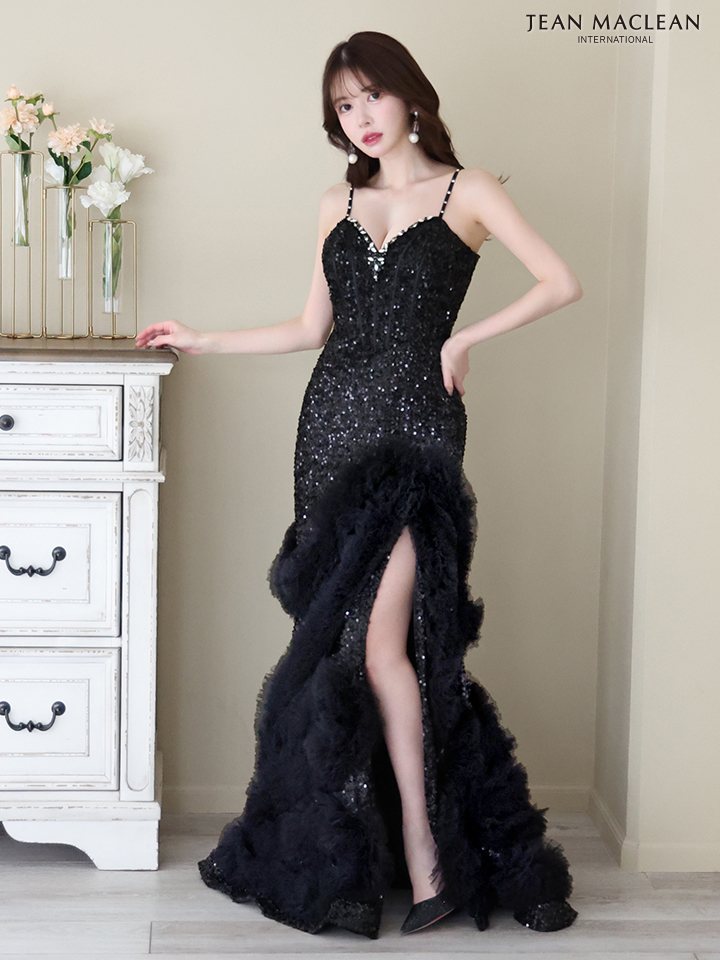  JEAN MACLEAN ジャンマクレーン スパンコール/ボリュームファー/マーメイド/スリット入り/タイト/ロングドレス ja41670-c