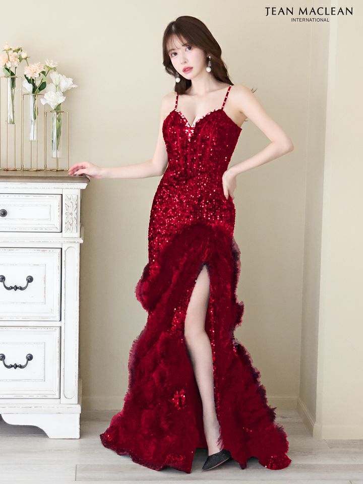  JEAN MACLEAN ジャンマクレーン スパンコール/ボリュームファー/マーメイド/スリット入り/タイト/ロングドレス ja41670-c