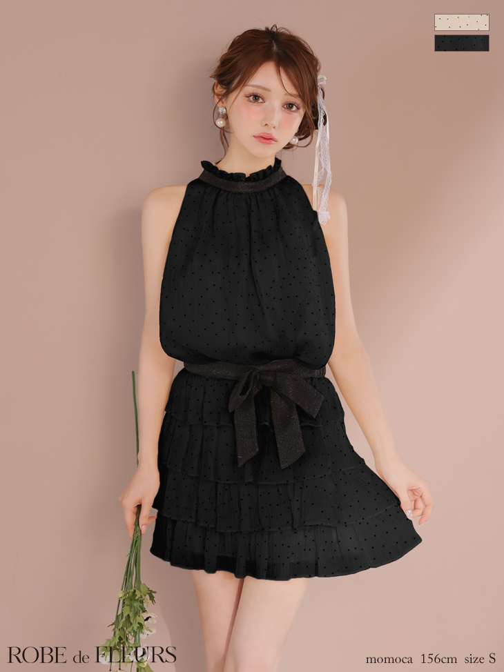 ROBE de FLEURS ローブドフルール ドットオーガンジーウエストリボンティアードフレアミニキャバドレス fm3396