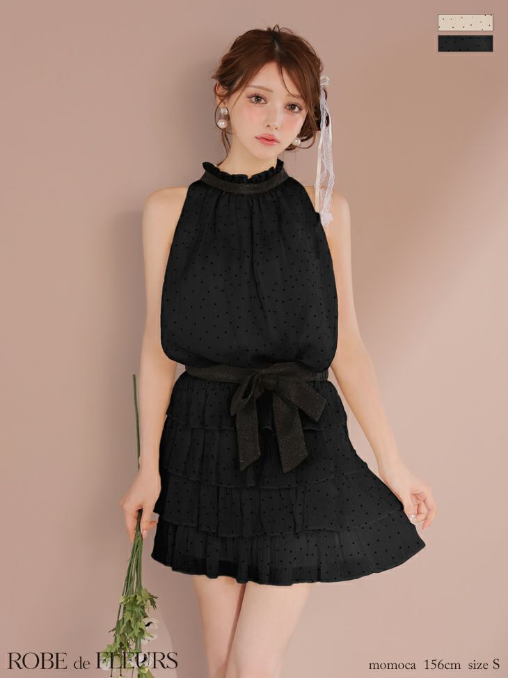 ROBE de FLEURS ローブドフルール ドットオーガンジーウエストリボンティアードフレアミニキャバドレス fm3396