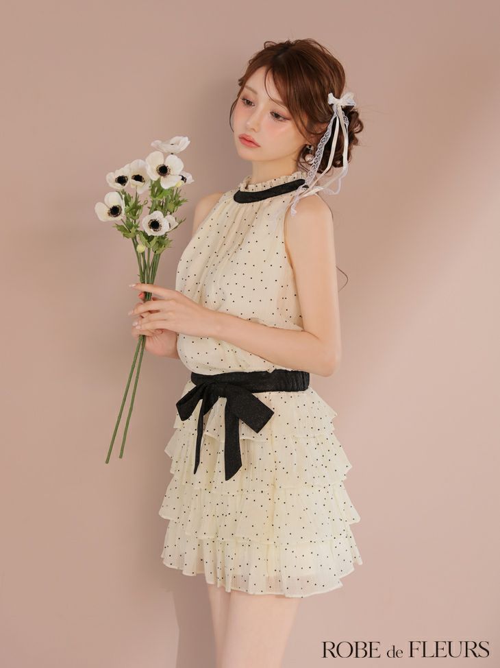 ROBE de FLEURS ローブドフルール ドットオーガンジーウエストリボンティアードフレアミニキャバドレス fm3396