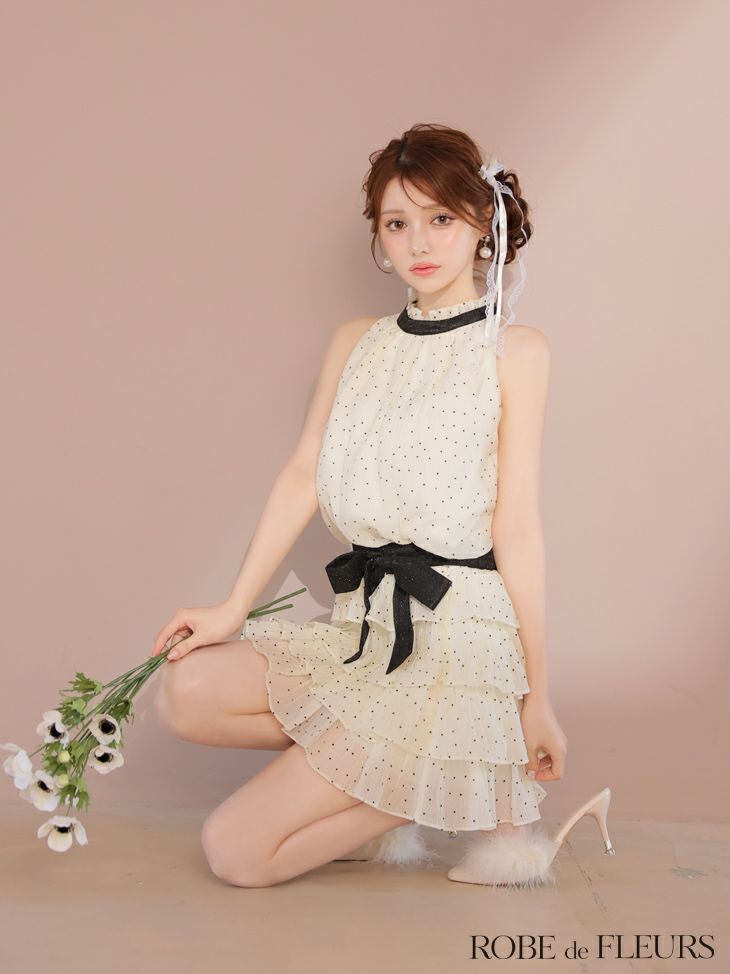ROBE de FLEURS ローブドフルール ドットオーガンジーウエストリボンティアードフレアミニキャバドレス fm3396