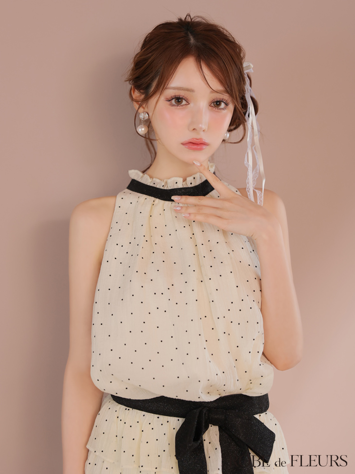 ROBE de FLEURS ローブドフルール ドットオーガンジーウエストリボンティアードフレアミニキャバドレス fm3396