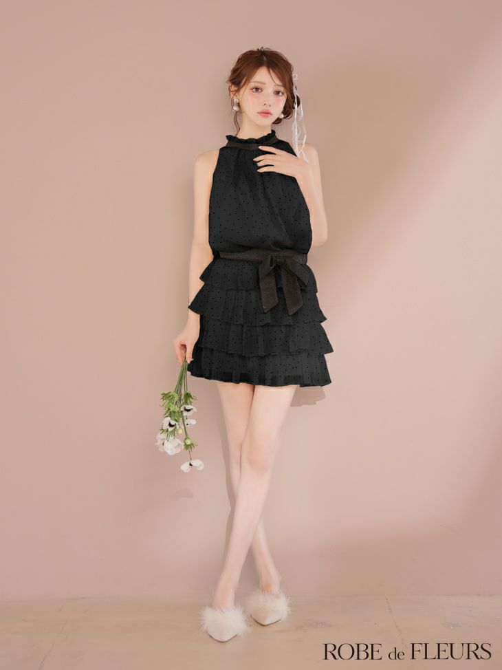 ROBE de FLEURS ローブドフルール ドットオーガンジーウエストリボンティアードフレアミニキャバドレス fm3396