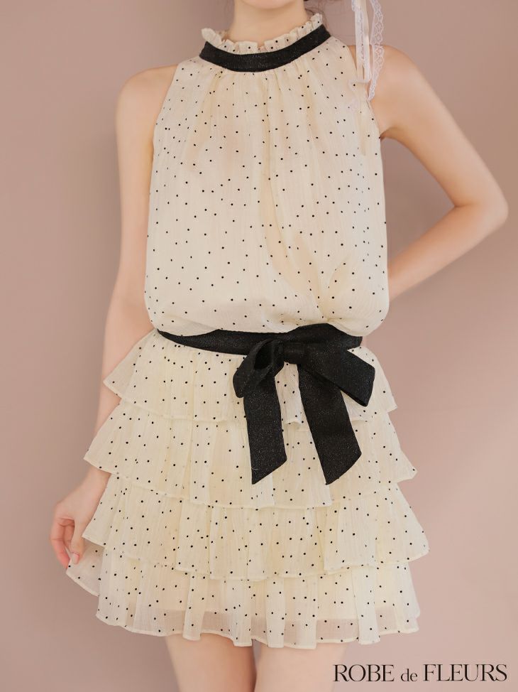 ROBE de FLEURS ローブドフルール ドットオーガンジーウエストリボンティアードフレアミニキャバドレス fm3396