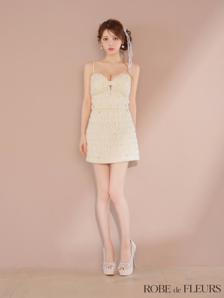 ROBE de FLEURS ローブドフルール スパンコールシフォンリボンセットアップミニキャバドレス fm3464-c