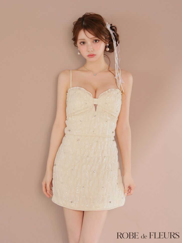 ROBE de FLEURS ローブドフルール スパンコールシフォンリボンセットアップミニキャバドレス fm3464-c