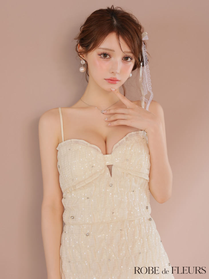 ROBE de FLEURS ローブドフルール スパンコールシフォンリボンセットアップミニキャバドレス fm3464-c