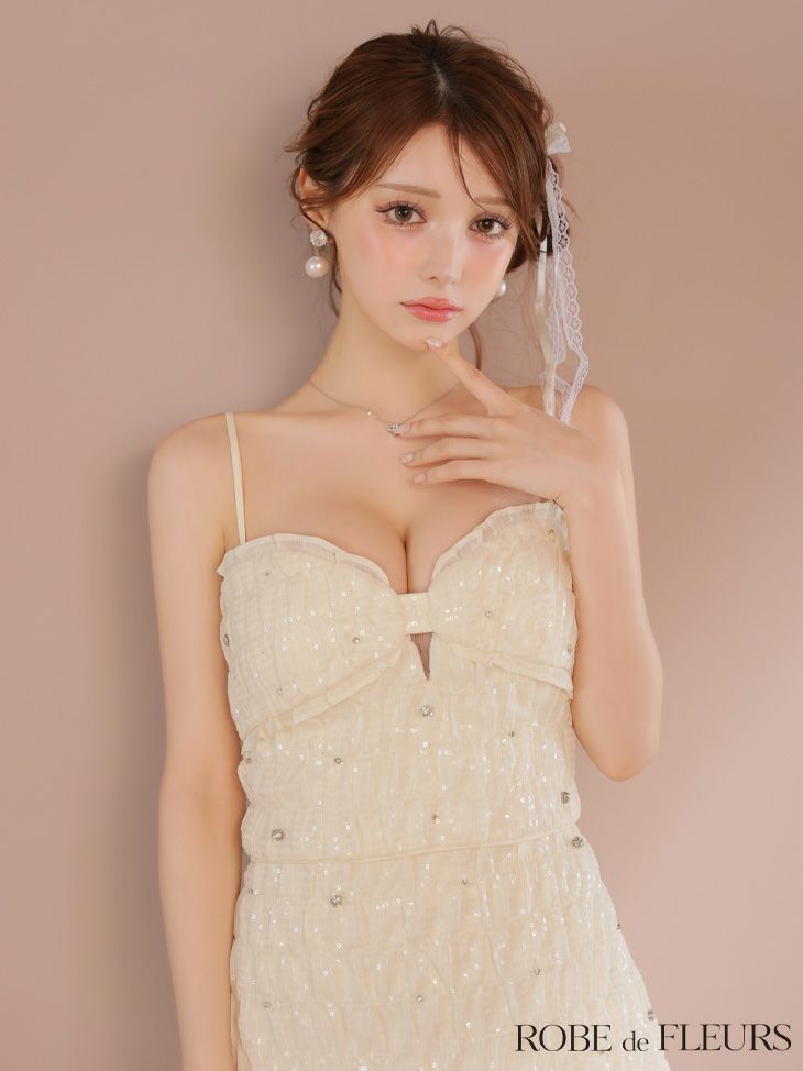 ROBE de FLEURS ローブドフルール スパンコールシフォンリボンセットアップミニキャバドレス fm3464-c