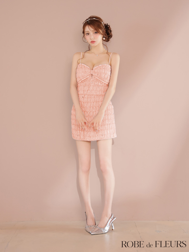 ROBE de FLEURS ローブドフルール スパンコールシフォンリボンセットアップミニキャバドレス fm3464-c