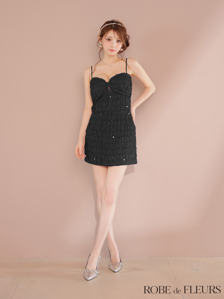 ROBE de FLEURS ローブドフルール スパンコールシフォンリボンセットアップミニキャバドレス fm3464-c