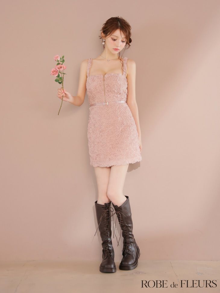 ROBE de FLEURS ローブドフルール ガーリーローズレースサテンミニキャバドレス fm4203-c