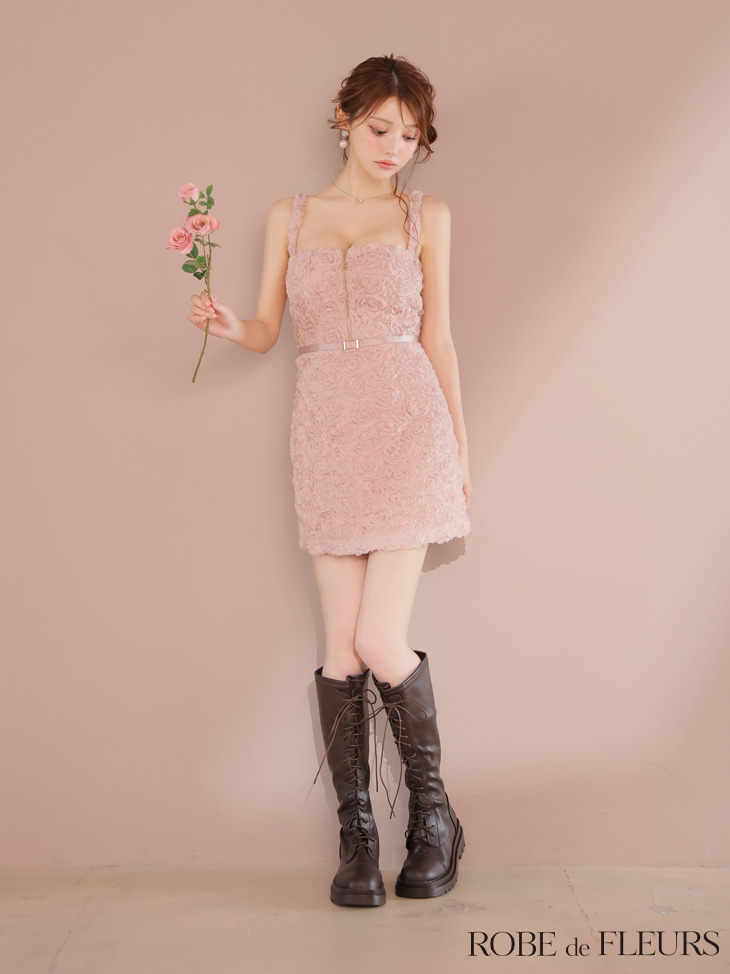 ROBE de FLEURS ローブドフルール ガーリーローズレースサテンミニキャバドレス fm4203-c