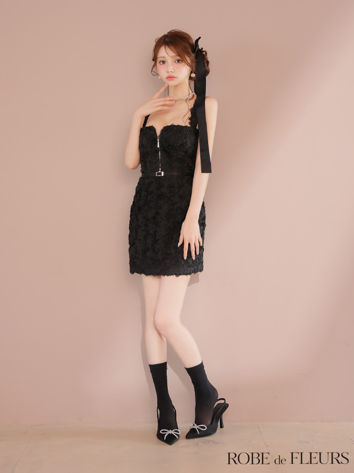 ROBE de FLEURS ローブドフルール ガーリーローズレースサテンミニキャバドレス fm4203-c