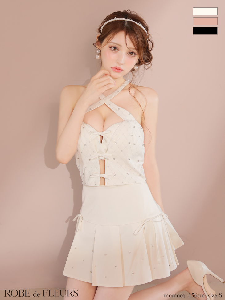 ROBE de FLEURS ローブドフルール クロスホルタービジューミニリボンセットアップキャバドレス fm4400-c