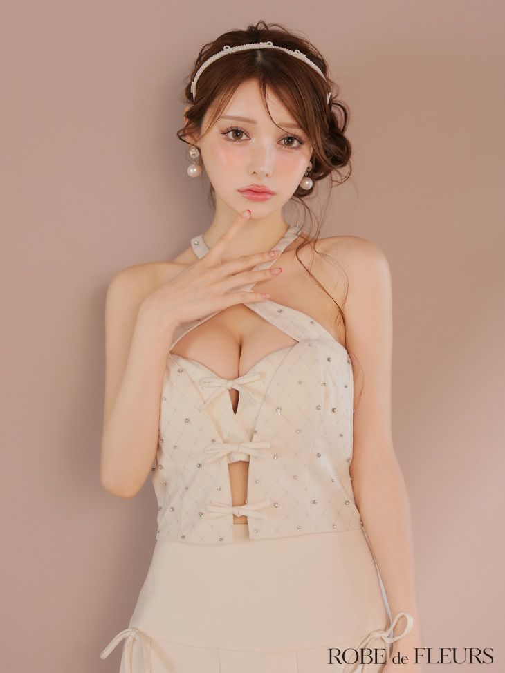 ROBE de FLEURS ローブドフルール クロスホルタービジューミニリボンセットアップキャバドレス fm4400-c