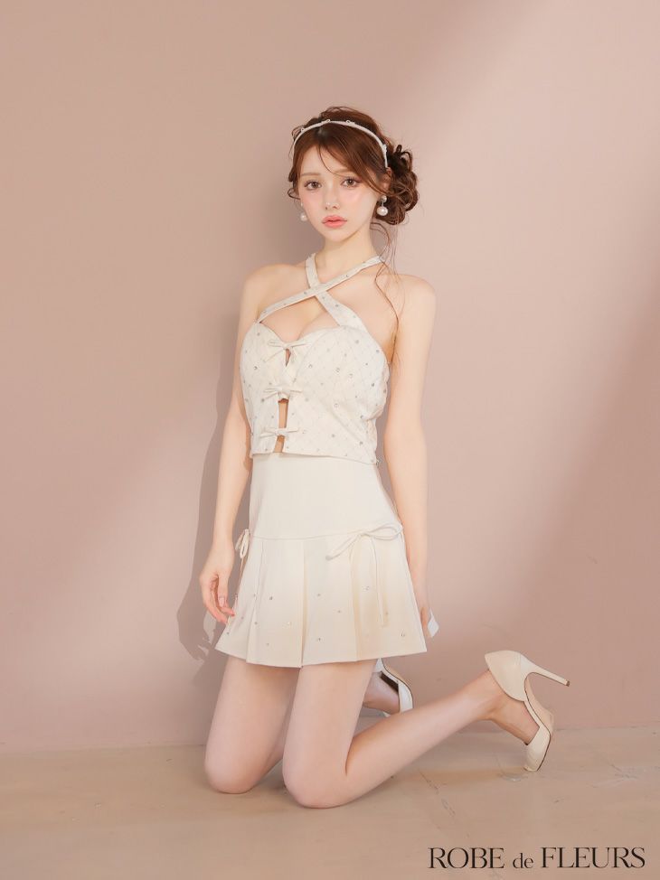 ROBE de FLEURS ローブドフルール クロスホルタービジューミニリボンセットアップキャバドレス fm4400-c