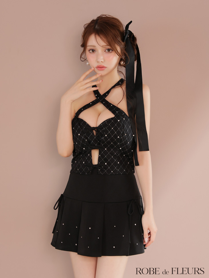 ROBE de FLEURS ローブドフルール クロスホルタービジューミニリボンセットアップキャバドレス fm4400-c