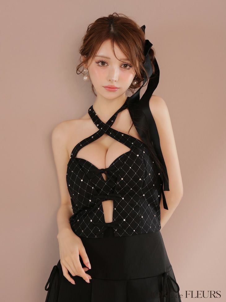 ROBE de FLEURS ローブドフルール クロスホルタービジューミニリボンセットアップキャバドレス fm4400-c