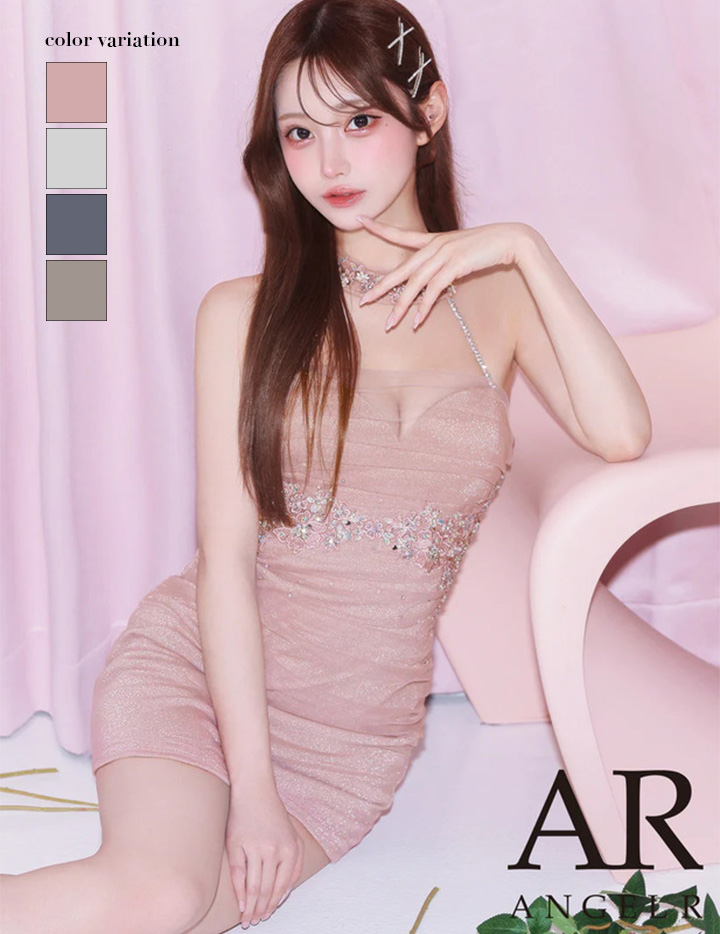 AngelR エンジェルアール ホルターネックフラワーレースビジューメッシュラメタイトマイクロミニドレス ar25845