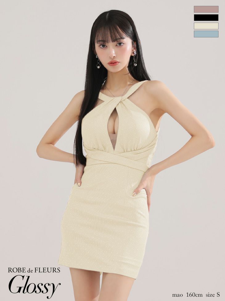 Glossy ローブドフルールグロッシー クロスネックデザインストーンラメニットミニキャバドレス gl3941-c