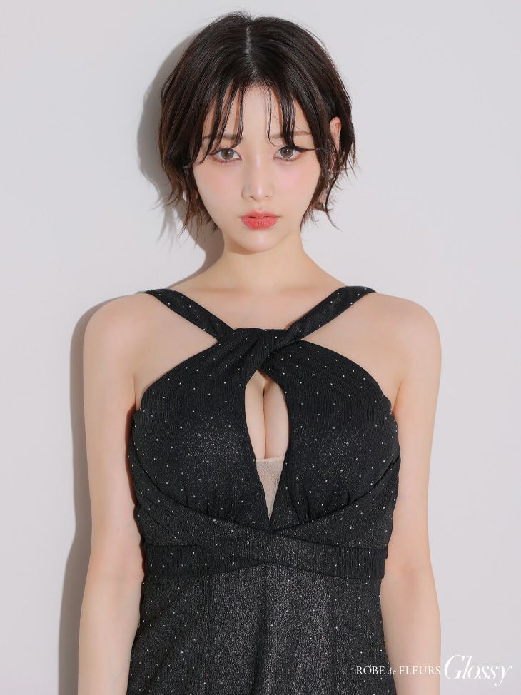 Glossy ローブドフルールグロッシー クロスネックデザインストーンラメニットミニキャバドレス gl3941-c
