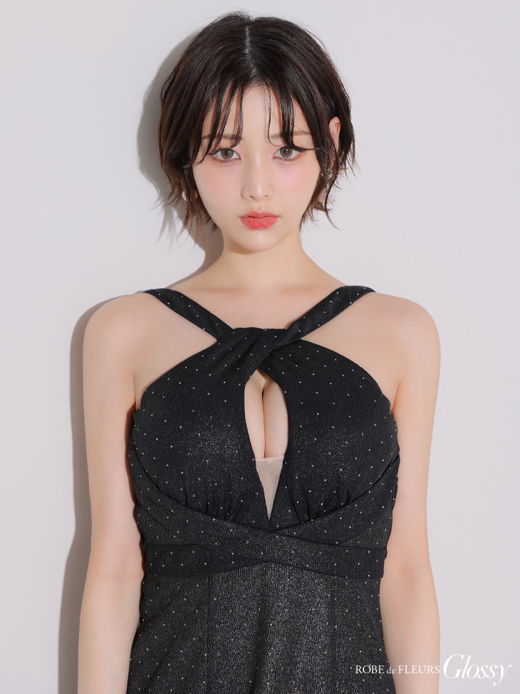 Glossy ローブドフルールグロッシー クロスネックデザインストーンラメニットミニキャバドレス gl3941-c
