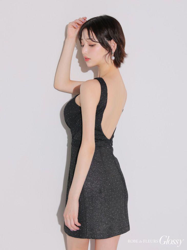 Glossy ローブドフルールグロッシー クロスネックデザインストーンラメニットミニキャバドレス gl3941-c