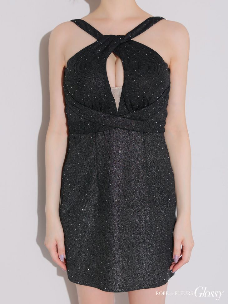 Glossy ローブドフルールグロッシー クロスネックデザインストーンラメニットミニキャバドレス gl3941-c