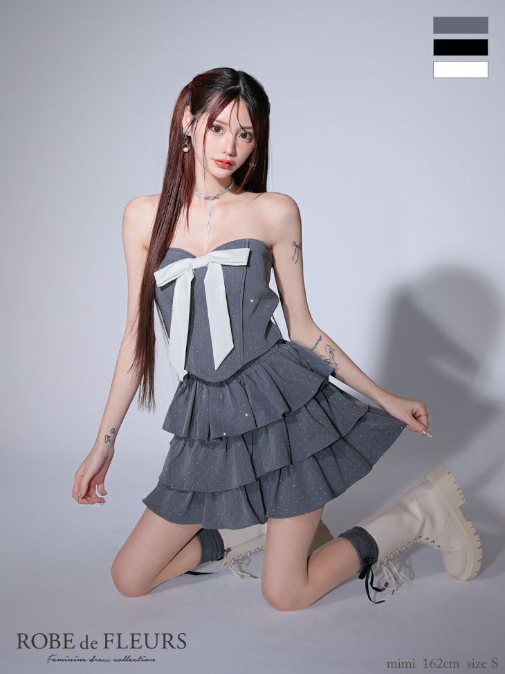 ROBE de FLEURS ローブドフルール ビッグリボンティアードフレアミニキャバドレス fm3769