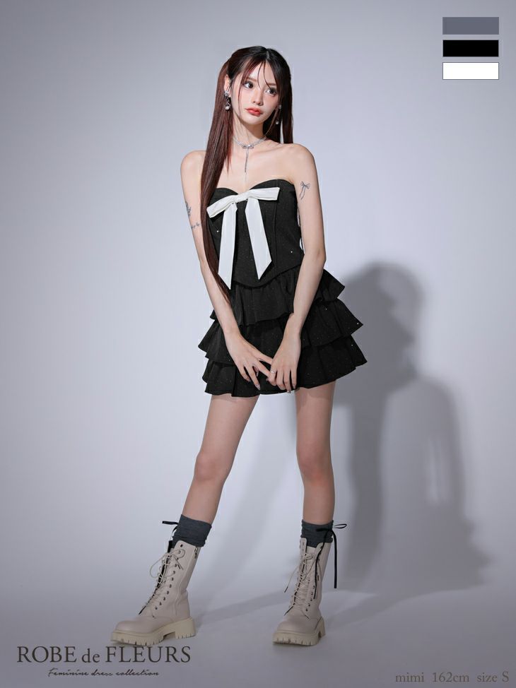 ROBE de FLEURS ローブドフルール ビッグリボンティアードフレアミニキャバドレス fm3769