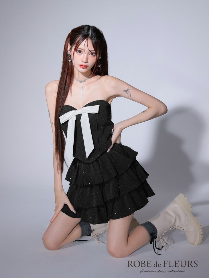 ROBE de FLEURS ローブドフルール ビッグリボンティアードフレアミニキャバドレス fm3769