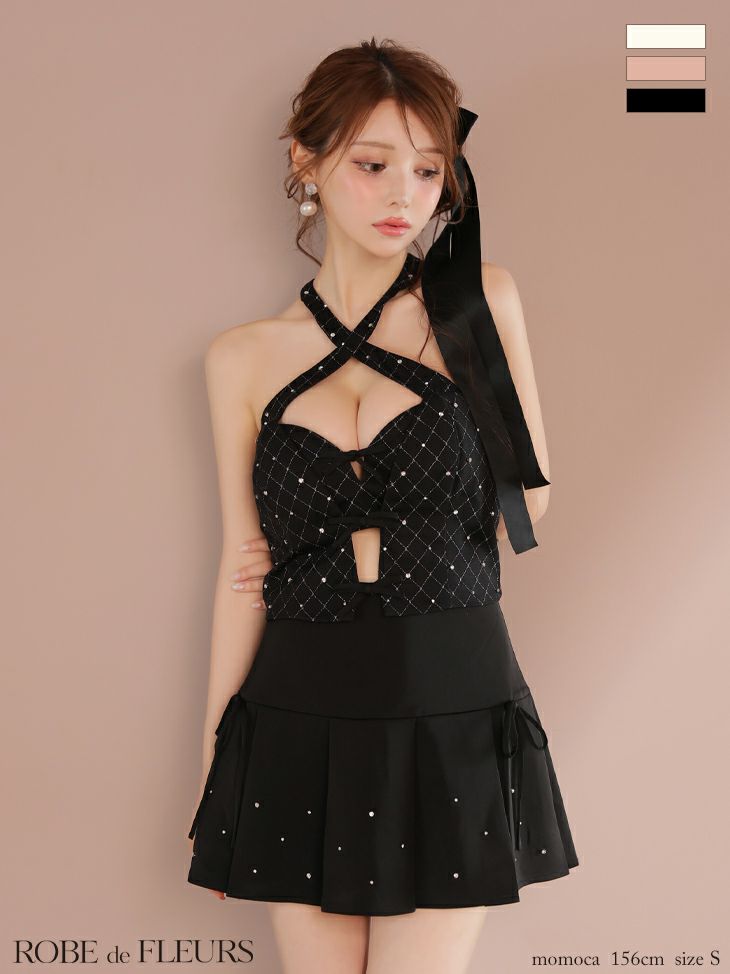 ROBE de FLEURS ローブドフルール クロスホルタービジューミニリボンセットアップキャバドレス fm4400