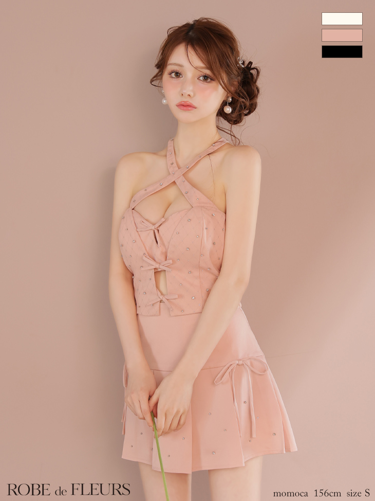 ROBE de FLEURS ローブドフルール クロスホルタービジューミニリボンセットアップキャバドレス fm4400