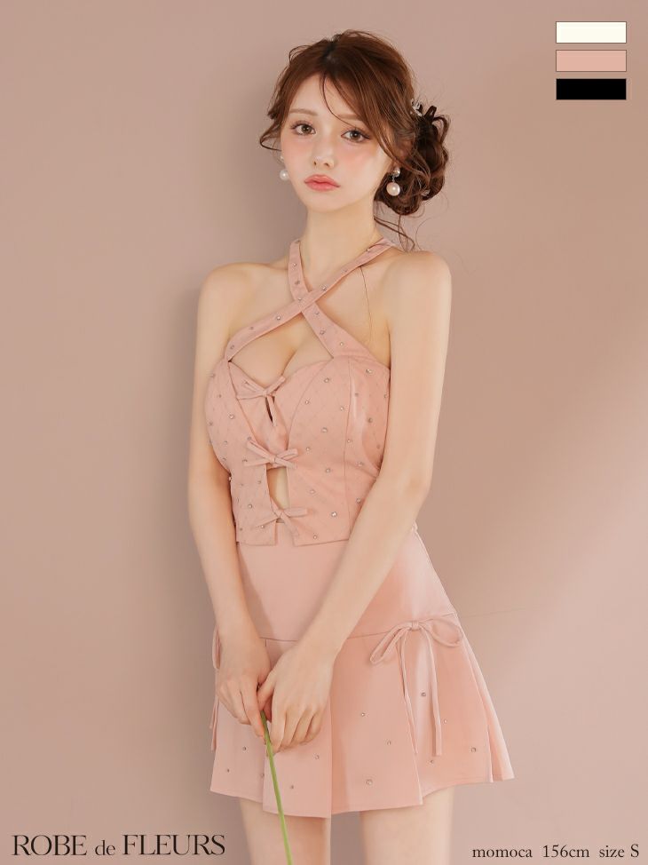 ROBE de FLEURS ローブドフルール クロスホルタービジューミニリボンセットアップキャバドレス fm4400